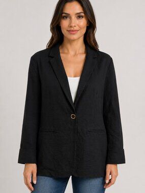 Ellen Tracy Black Blazer Large Gold Ring Button Notch Lapel Career Jacket